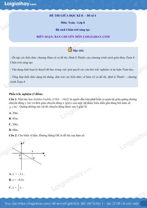 Đề thi giữa kì 2 Toán 8 - Đề số 4 - Chân trời sáng tạo
